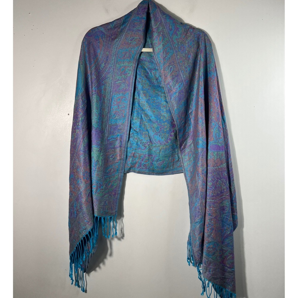 Pashmina Silk & Pashmina Fringe Scarf Turquoise Pink Gold 27" x 72" Pull